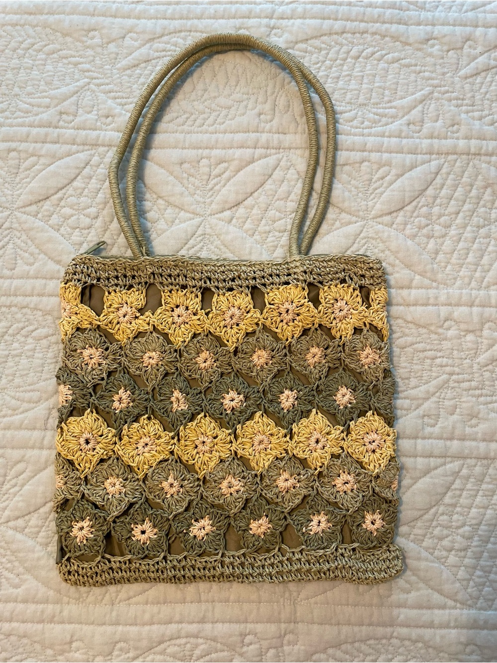 Vintage crochet tote bag purse with floral motif in yellow and sage